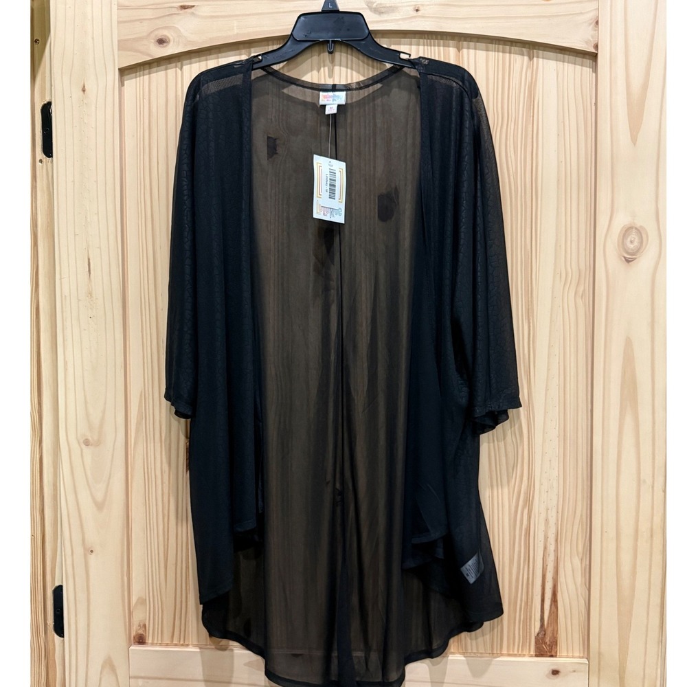 LuLaRoe Lindsay Kimono Cardigan Medium Black Sheer Mesh Geometric Open Front NWT